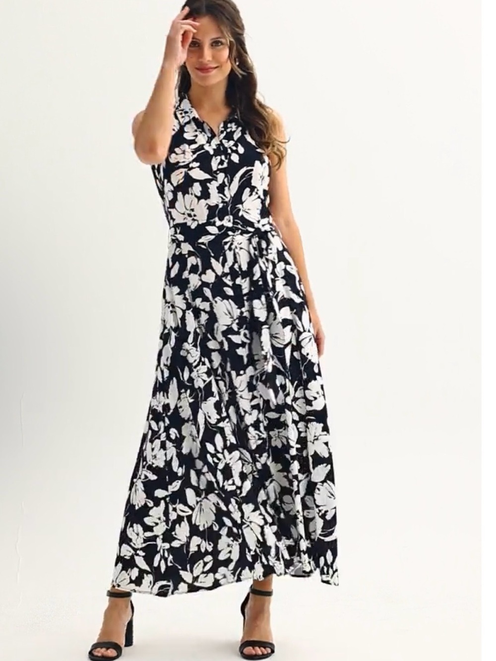 Ellen Tracy Sleeveless Shirt Dress with Self Tie Sash Maxi Size M